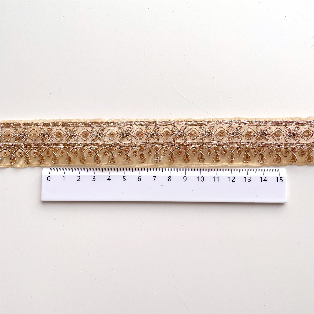 586 【 幅：3.5cm 】 インド刺繍リボン　ゴールド　オーガンジー　