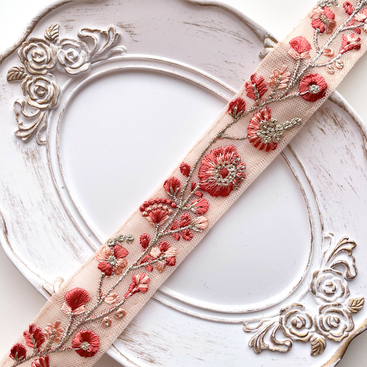 594 【 幅：2.5cm 】 インド刺繍リボン　オレンジ　チュール　