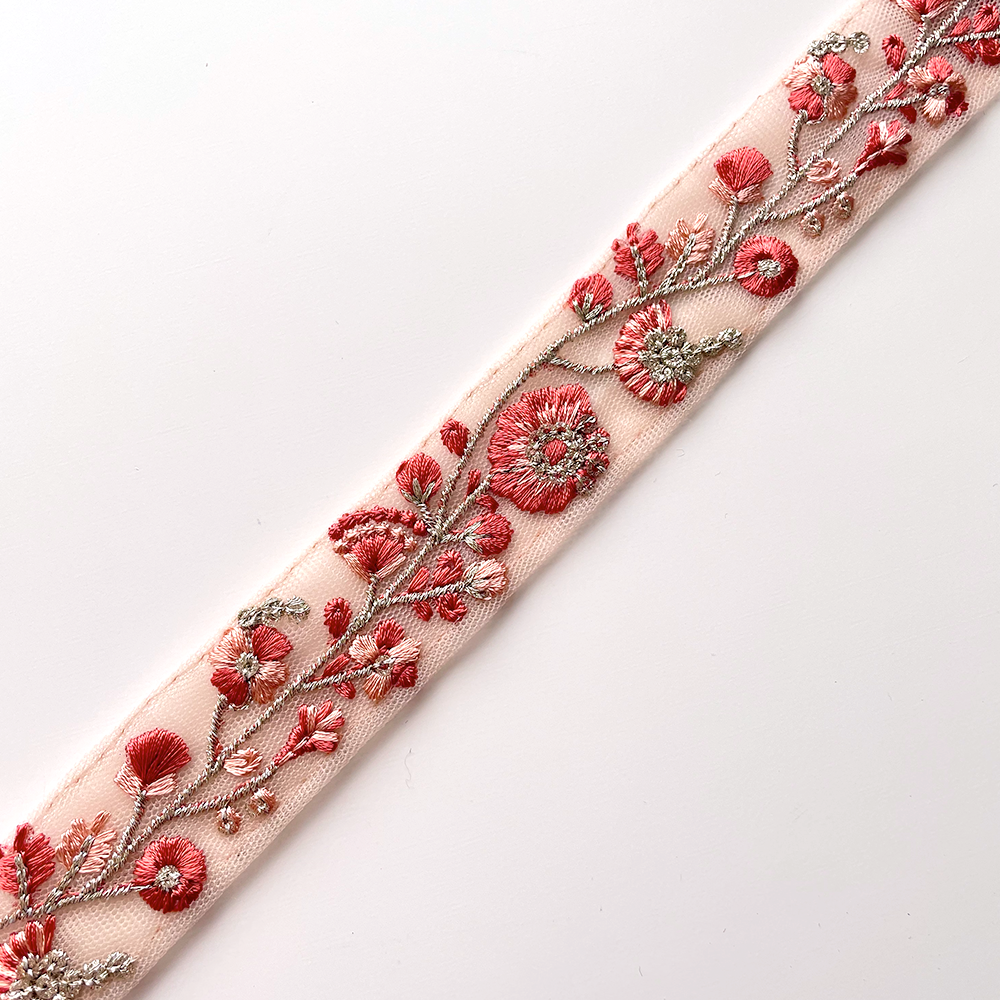 594 【 幅：2.5cm 】 インド刺繍リボン　オレンジ　チュール　