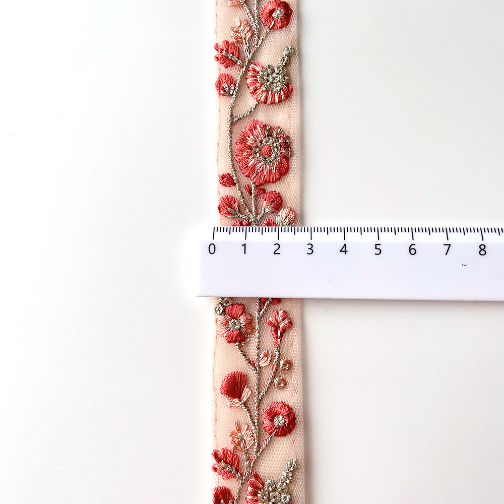 594 【 幅：2.5cm 】 インド刺繍リボン　オレンジ　チュール　