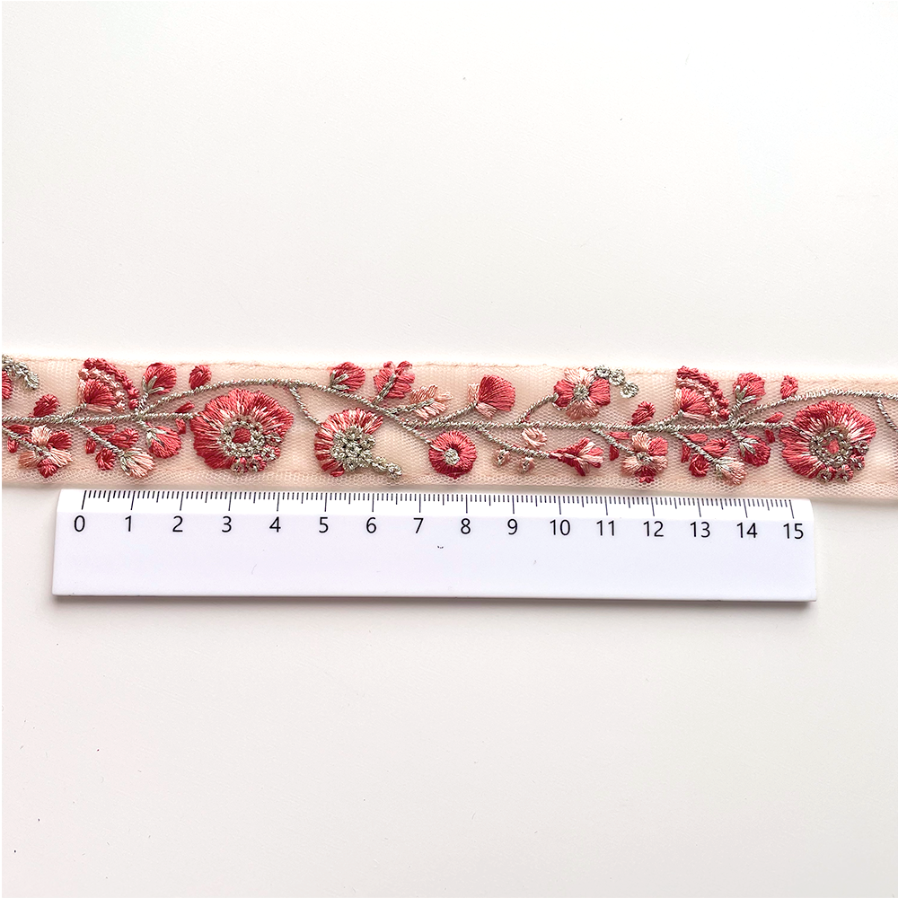 594 【 幅：2.5cm 】 インド刺繍リボン　オレンジ　チュール　
