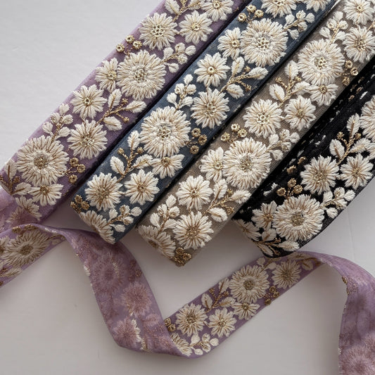 S320 インド刺繍リボン 3.5cm幅 チュール マーガレット