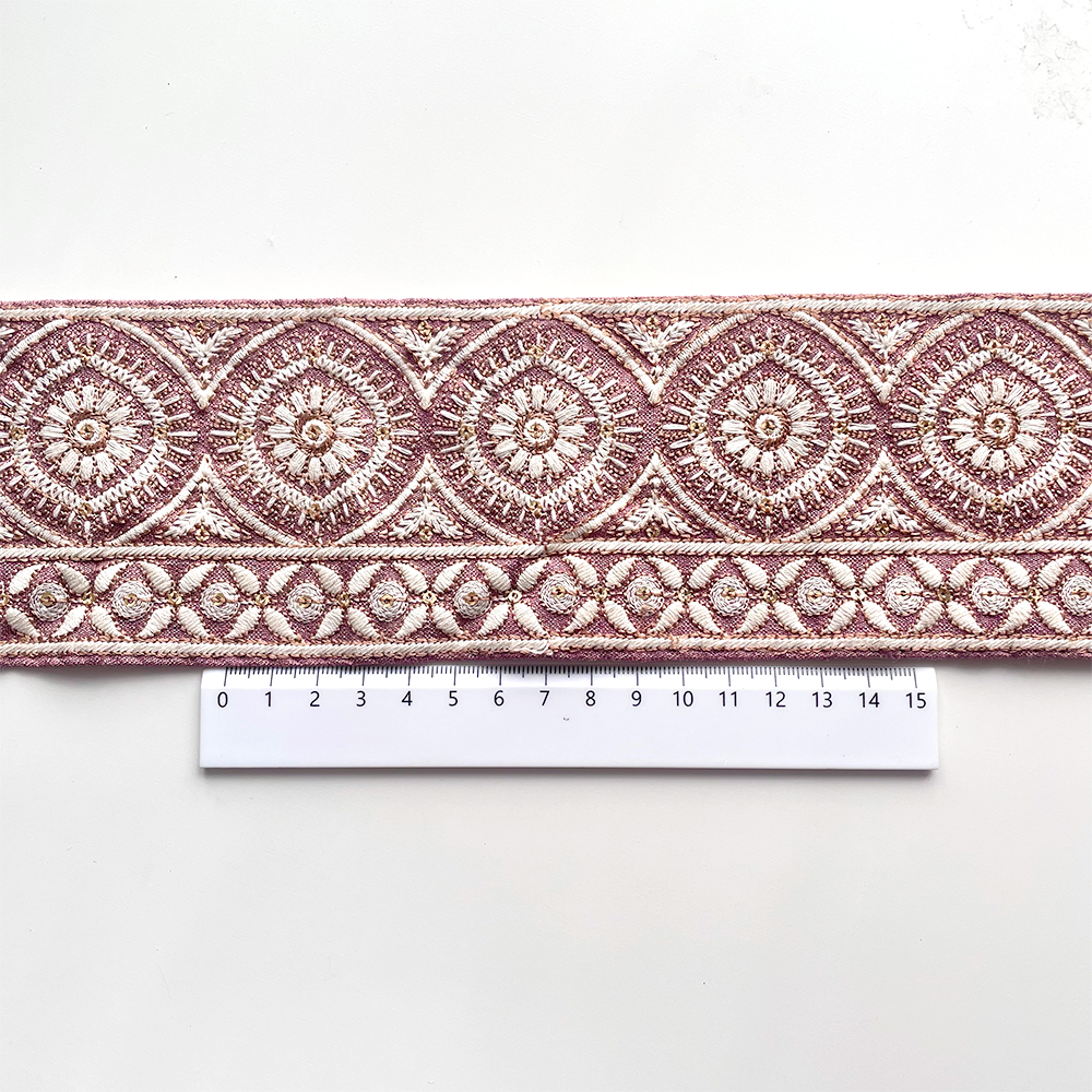 609 【 幅：8cm 】 インド刺繍リボン　ピンク　布地　ブラウン　ホワイト