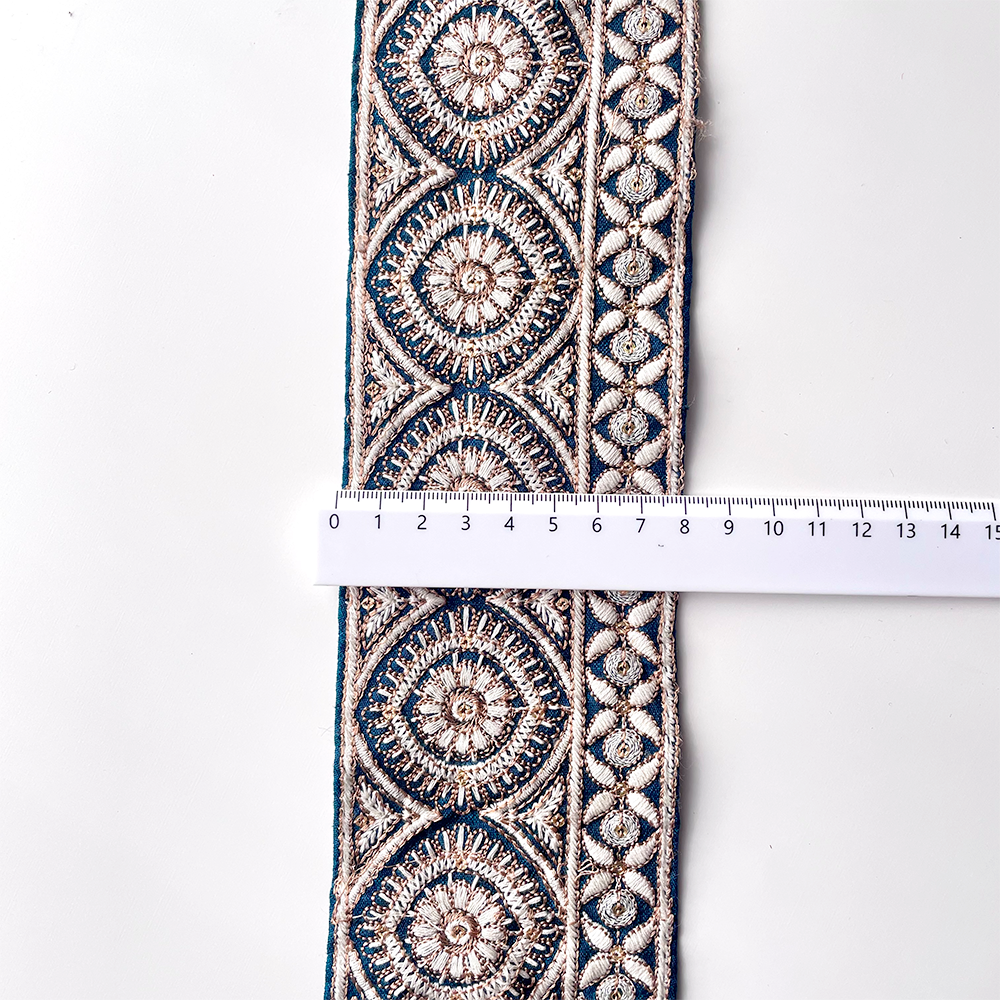 611 【 幅：8cm 】 インド刺繍リボン　ターコイズグリーン　布地　ブラウン　ホワイト