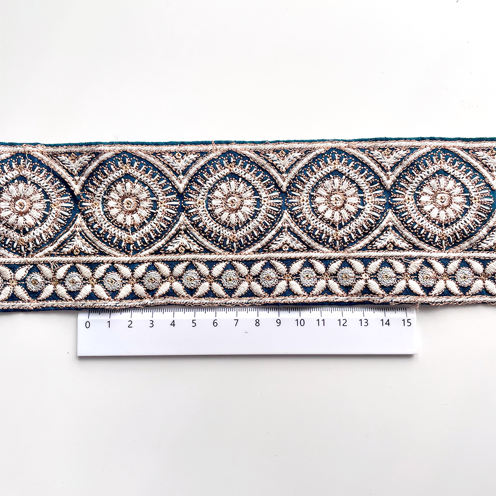 611 【 幅：8cm 】 インド刺繍リボン　ターコイズグリーン　布地　ブラウン　ホワイト