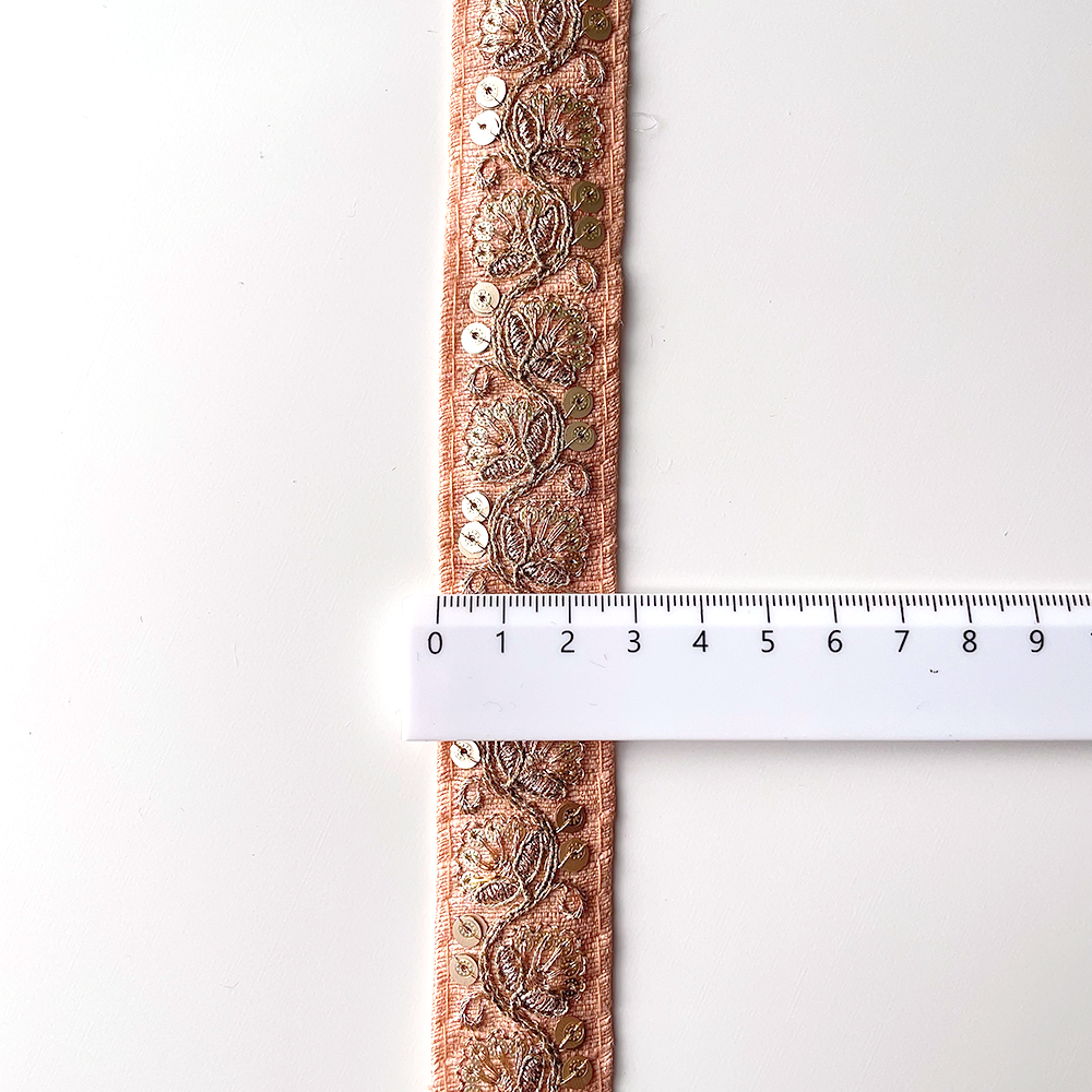 623 【 幅：3cm 】 インド刺繍リボン　ピンクライト　布地　ゴールド