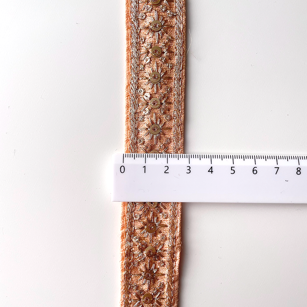 624 【 幅：2.5cm 】 インド刺繍リボン　ピンクライト　布地　ゴールド