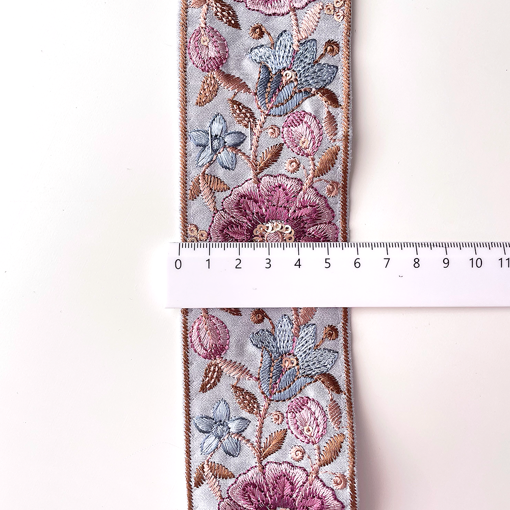 628 【 幅：5.5cm 】 インド刺繍リボン　ブルー　布地　パープル　ピンク