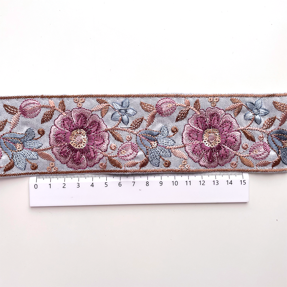 628 【 幅：5.5cm 】 インド刺繍リボン　ブルー　布地　パープル　ピンク