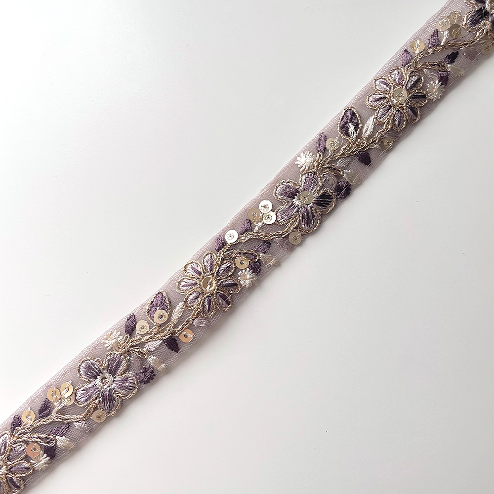 646 【 幅：2.5cm 】 インド刺繍リボン　パープル　チュール　ゴールド