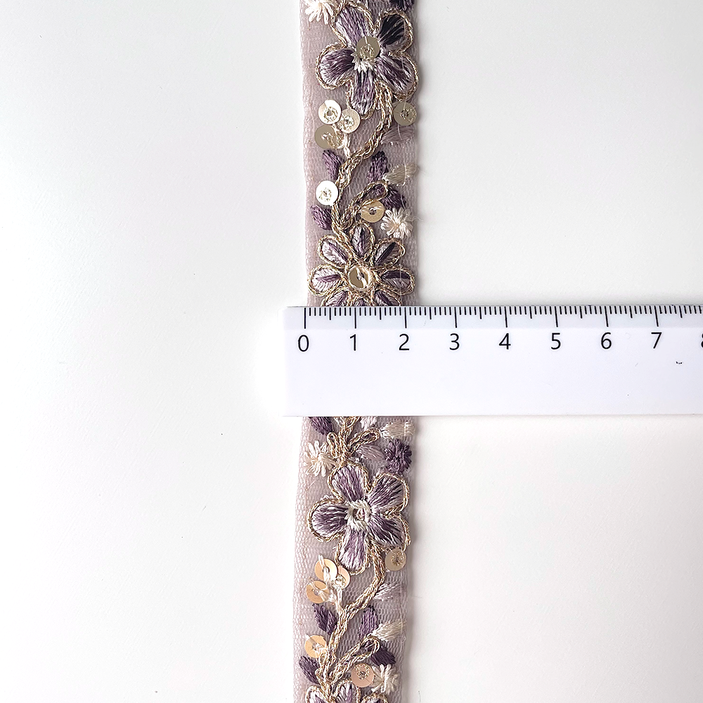 646 【 幅：2.5cm 】 インド刺繍リボン　パープル　チュール　ゴールド