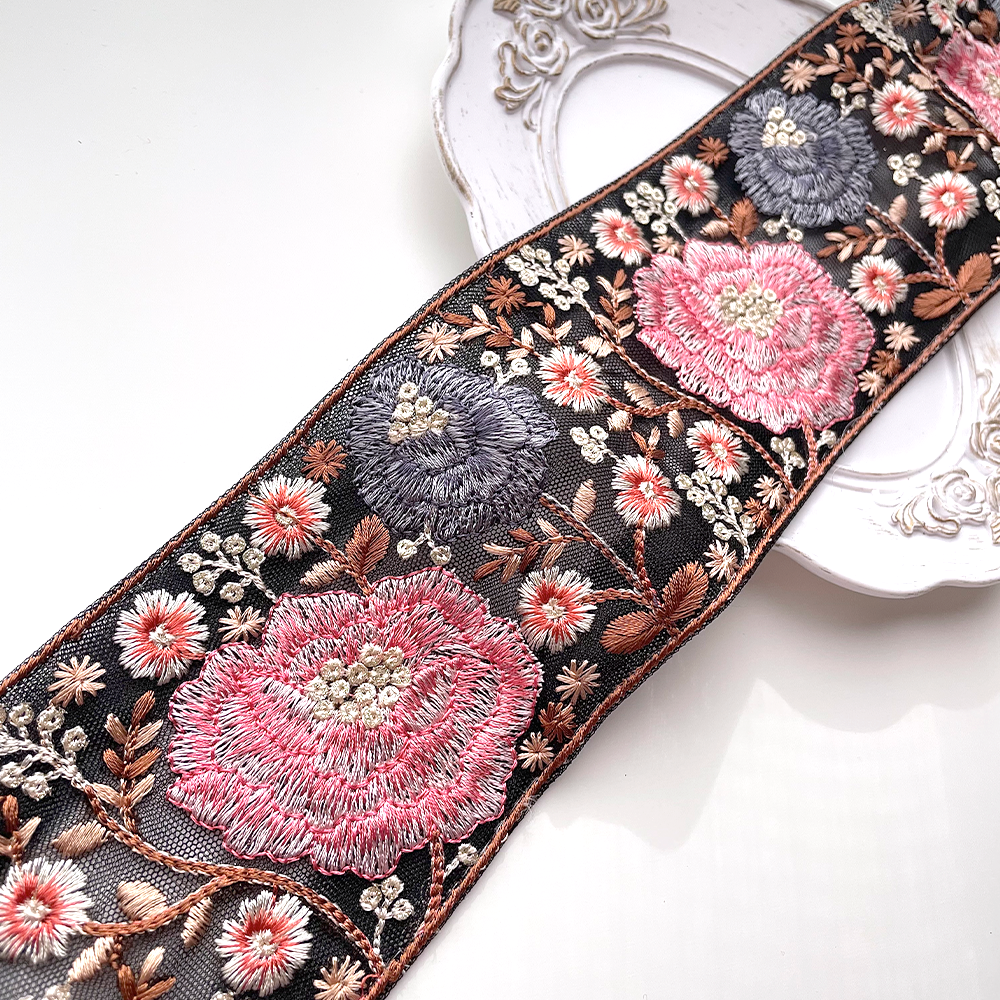 658 【 幅：7.5cm 】 インド刺繍リボン　ブラック　チュール　ピンク　ブルー　ホワイト