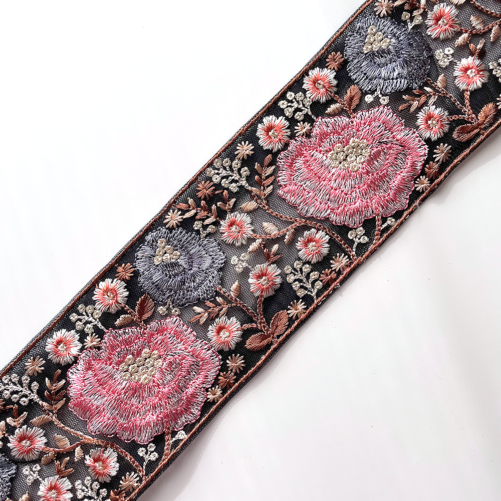 658 【 幅：7.5cm 】 インド刺繍リボン　ブラック　チュール　ピンク　ブルー　ホワイト
