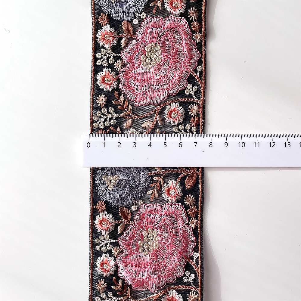 658 【 幅：7.5cm 】 インド刺繍リボン　ブラック　チュール　ピンク　ブルー　ホワイト