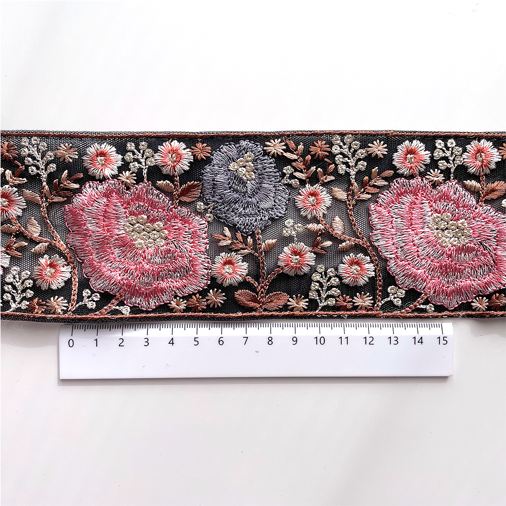 658 【 幅：7.5cm 】 インド刺繍リボン　ブラック　チュール　ピンク　ブルー　ホワイト