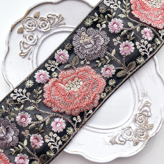 659 【 幅：7.5cm 】 インド刺繍リボン　ブラック　チュール　レッド　ブルー　グリーン