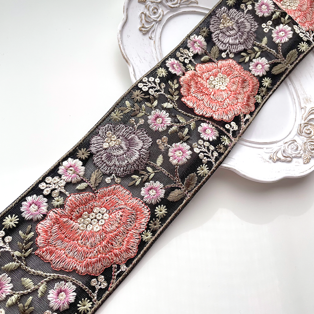 659 【 幅：7.5cm 】 インド刺繍リボン　ブラック　チュール　レッド　ブルー　グリーン