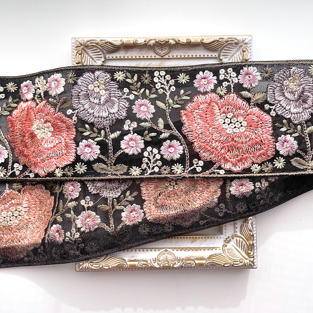 659 【 幅：7.5cm 】 インド刺繍リボン　ブラック　チュール　レッド　ブルー　グリーン