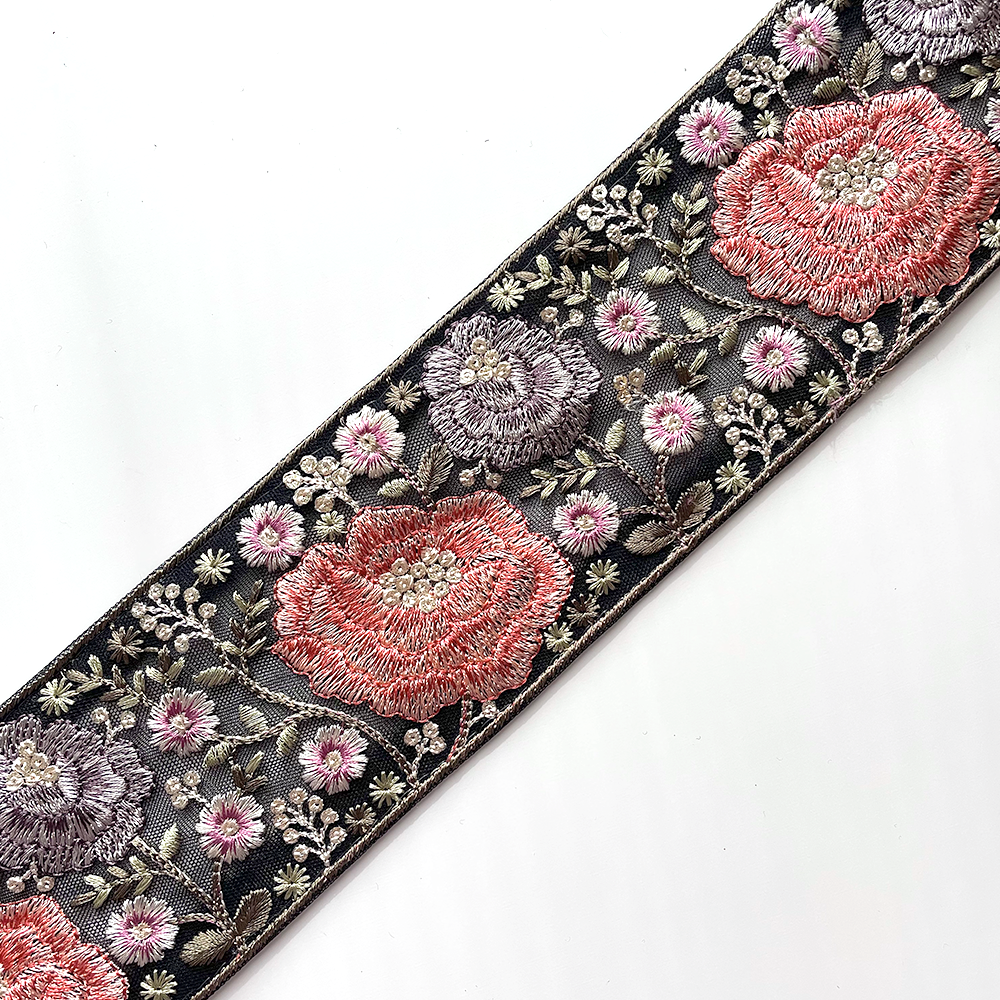 659 【 幅：7.5cm 】 インド刺繍リボン　ブラック　チュール　レッド　ブルー　グリーン