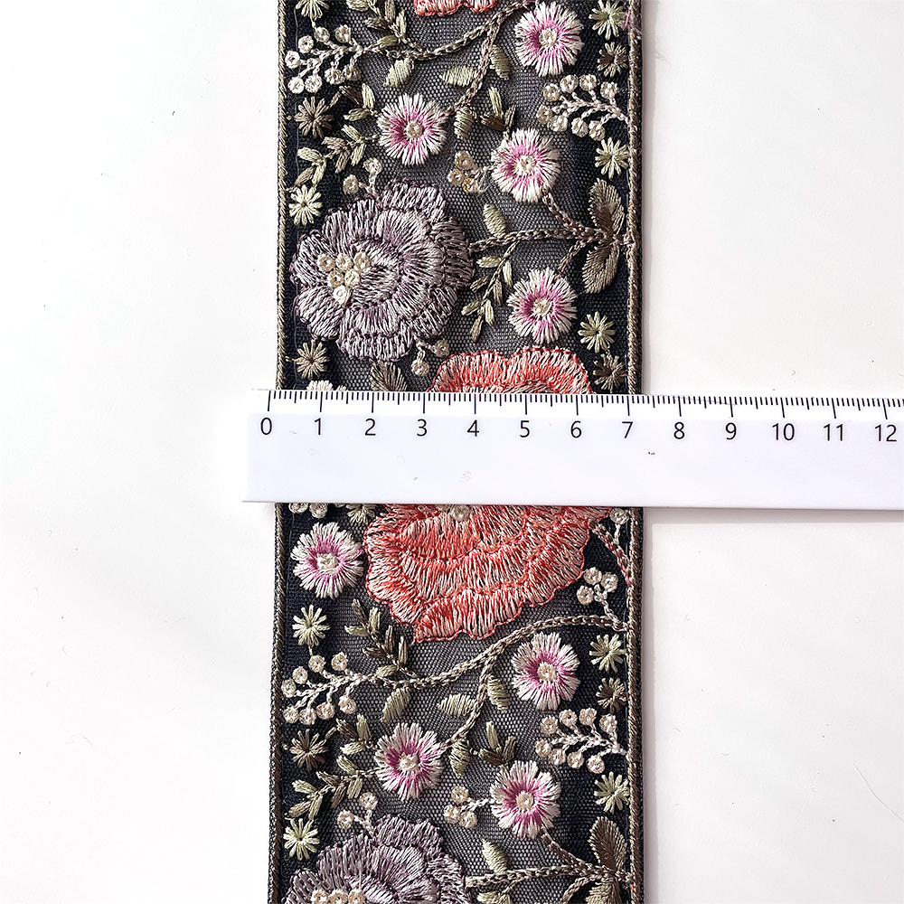 659 【 幅：7.5cm 】 インド刺繍リボン　ブラック　チュール　レッド　ブルー　グリーン