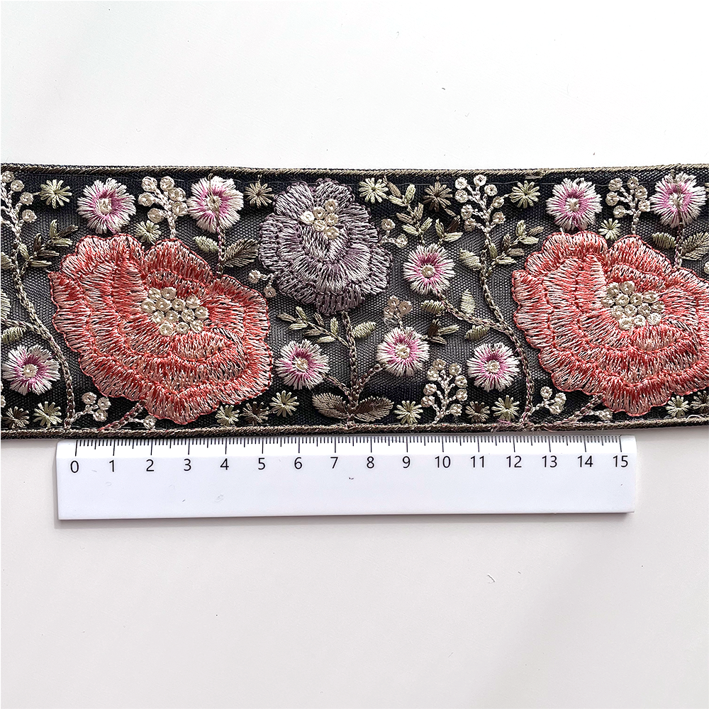 659 【 幅：7.5cm 】 インド刺繍リボン　ブラック　チュール　レッド　ブルー　グリーン