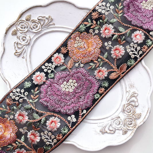 660 【 幅：7.5cm 】 インド刺繍リボン　ブラック　チュール　パープル　レッド　ホワイト