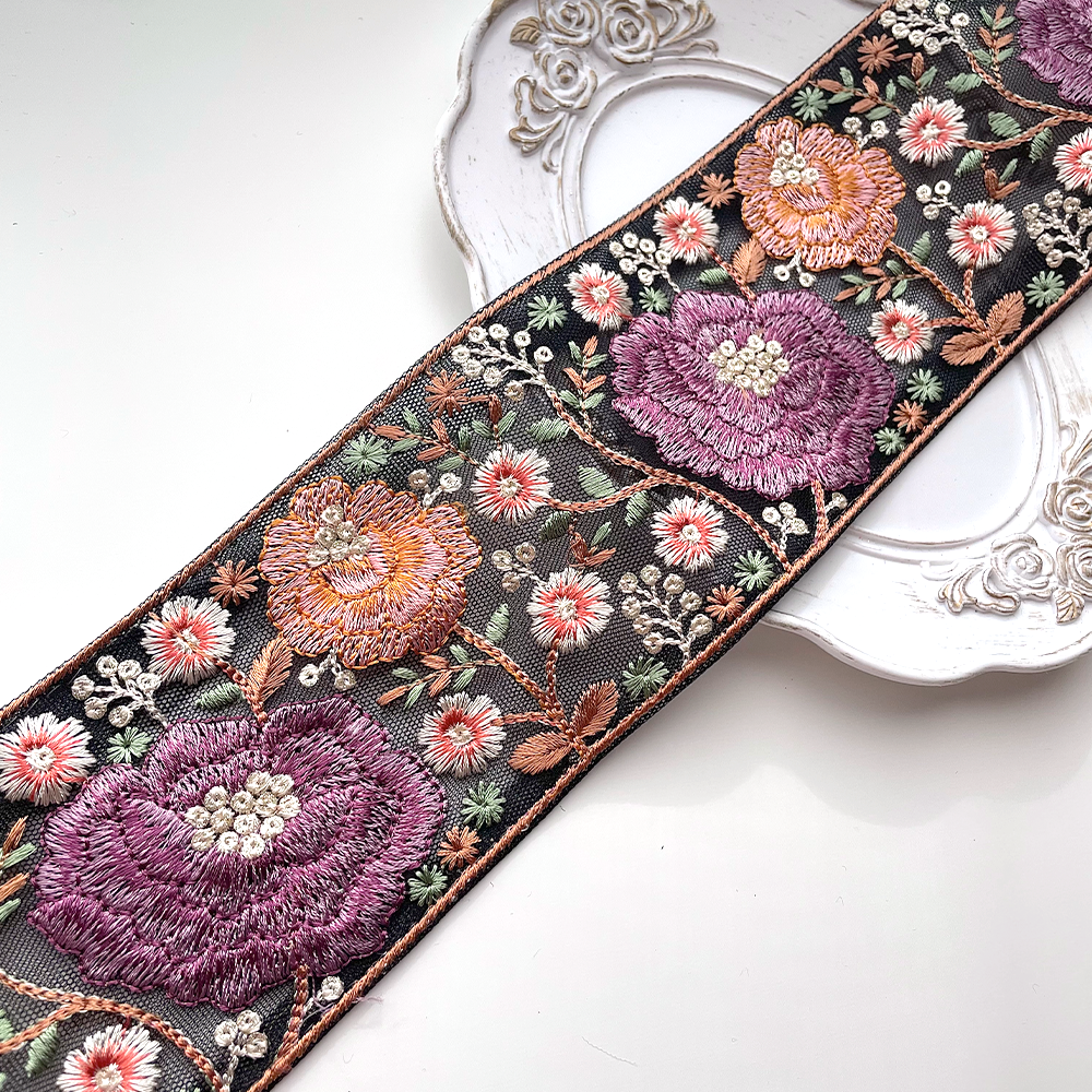660 【 幅：7.5cm 】 インド刺繍リボン　ブラック　チュール　パープル　レッド　ホワイト