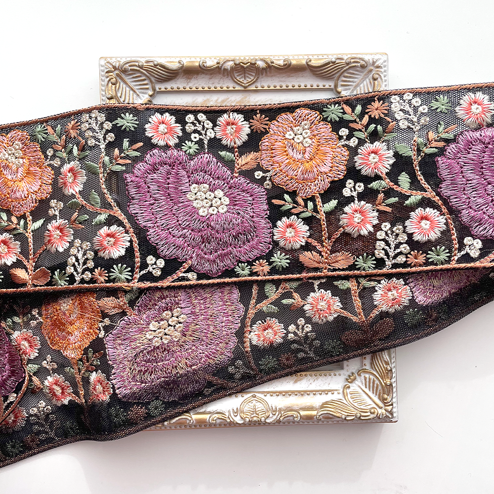 660 【 幅：7.5cm 】 インド刺繍リボン　ブラック　チュール　パープル　レッド　ホワイト