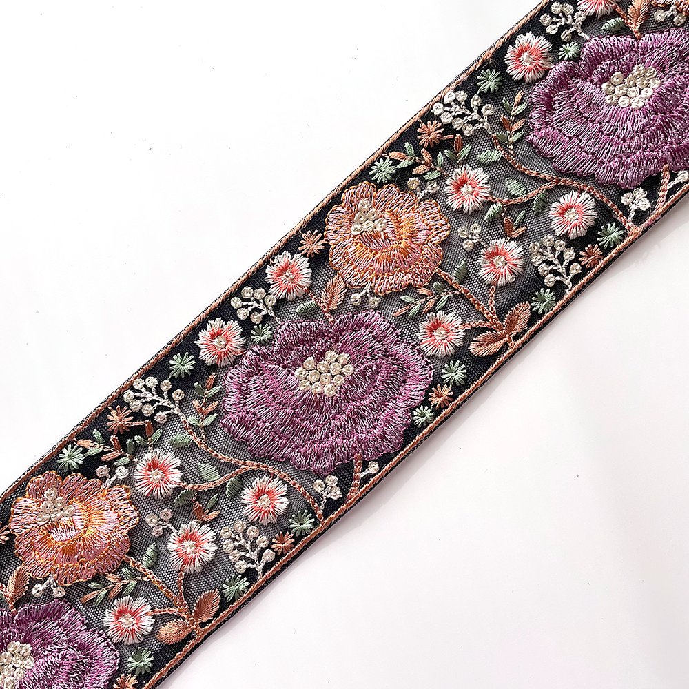 660 【 幅：7.5cm 】 インド刺繍リボン　ブラック　チュール　パープル　レッド　ホワイト