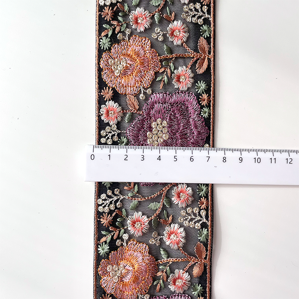 660 【 幅：7.5cm 】 インド刺繍リボン　ブラック　チュール　パープル　レッド　ホワイト