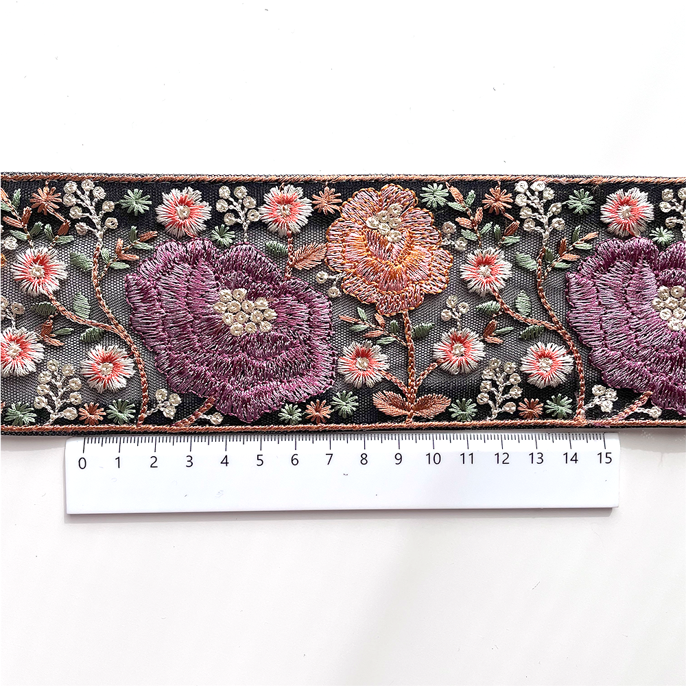 660 【 幅：7.5cm 】 インド刺繍リボン　ブラック　チュール　パープル　レッド　ホワイト