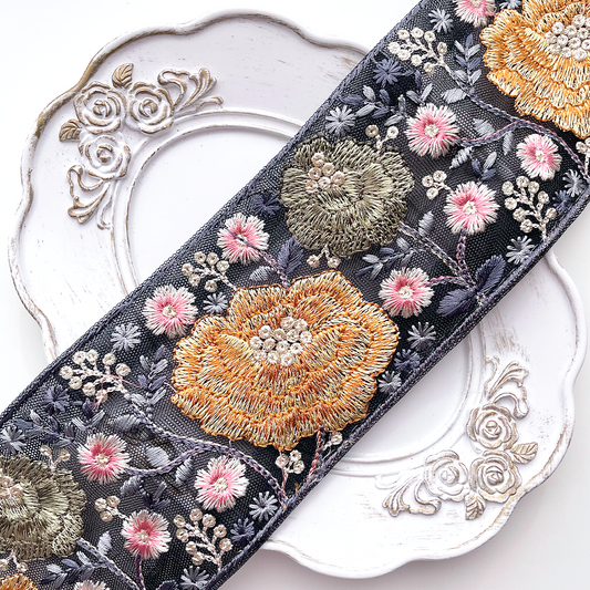 661 【 幅：7.5cm 】 インド刺繍リボン　ブラック　チュール　イエロー　グリーン　ブルー