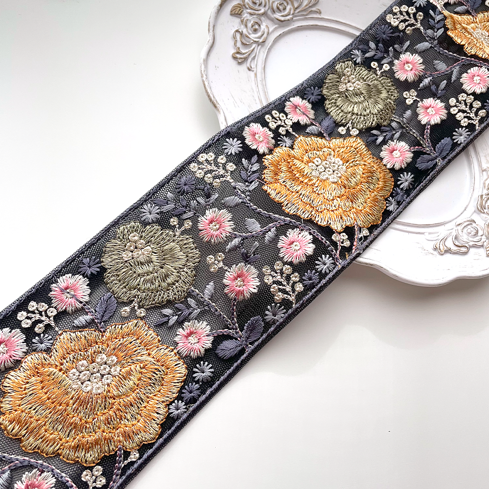 661 【 幅：7.5cm 】 インド刺繍リボン　ブラック　チュール　イエロー　グリーン　ブルー
