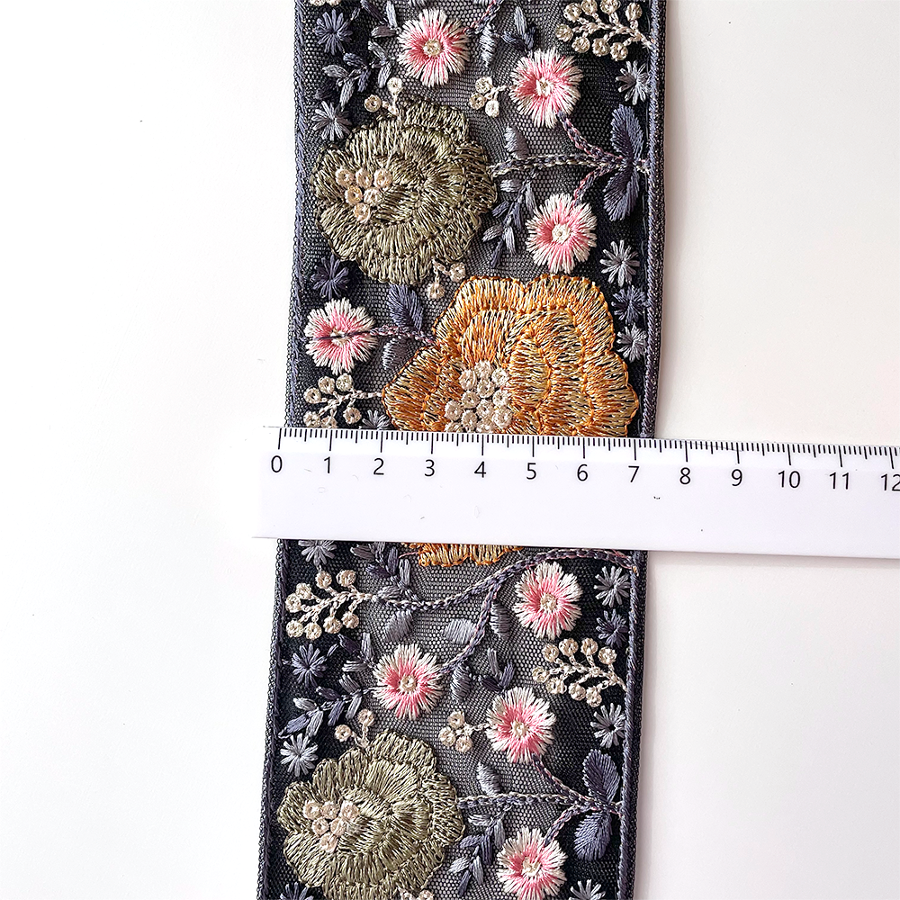 661 【 幅：7.5cm 】 インド刺繍リボン　ブラック　チュール　イエロー　グリーン　ブルー