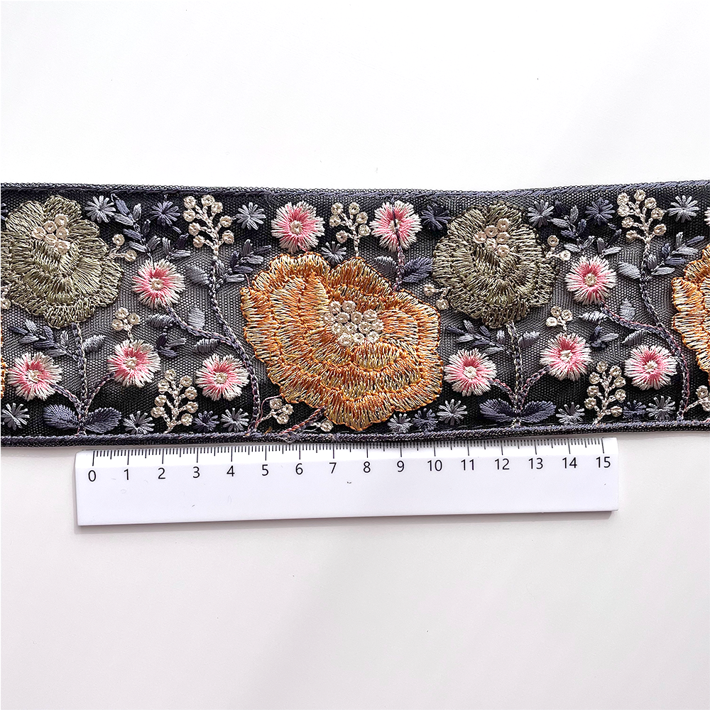 661 【 幅：7.5cm 】 インド刺繍リボン　ブラック　チュール　イエロー　グリーン　ブルー