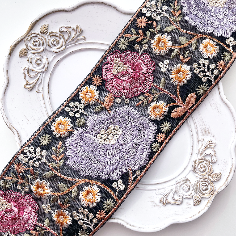 662 【 幅：7.5cm 】 インド刺繍リボン　ブラック　チュール　パープル　レッド　イエロー