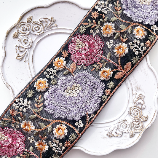 662 【 幅：7.5cm 】 インド刺繍リボン　ブラック　チュール　パープル　レッド　イエロー