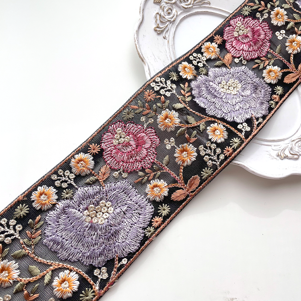 662 【 幅：7.5cm 】 インド刺繍リボン　ブラック　チュール　パープル　レッド　イエロー