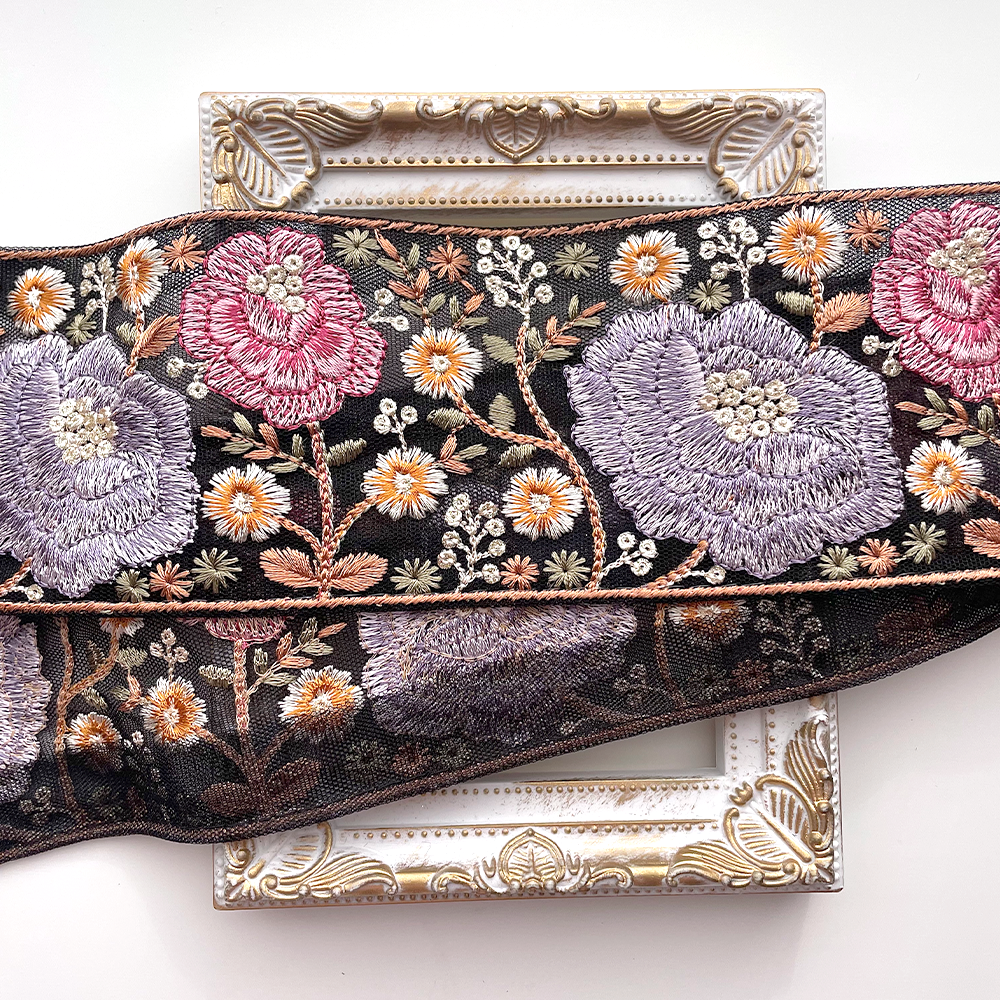 662 【 幅：7.5cm 】 インド刺繍リボン　ブラック　チュール　パープル　レッド　イエロー