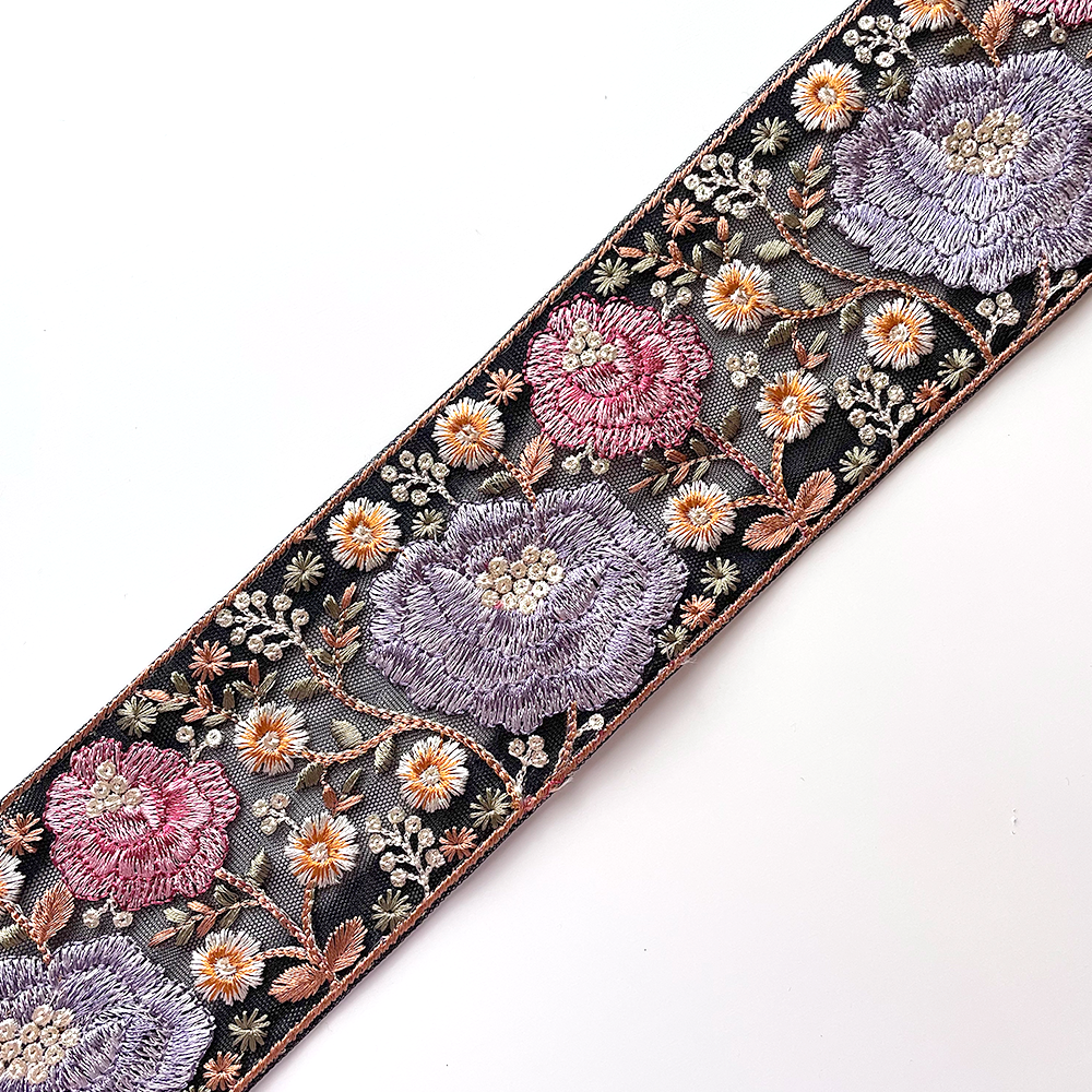 662 【 幅：7.5cm 】 インド刺繍リボン　ブラック　チュール　パープル　レッド　イエロー