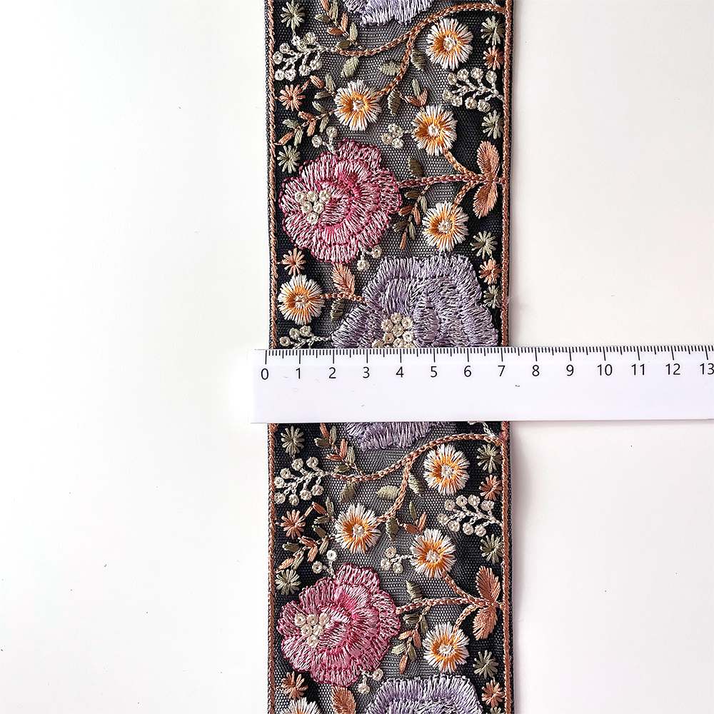662 【 幅：7.5cm 】 インド刺繍リボン　ブラック　チュール　パープル　レッド　イエロー