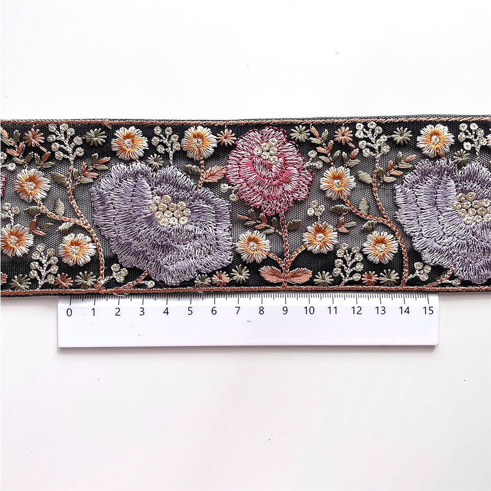 662 【 幅：7.5cm 】 インド刺繍リボン　ブラック　チュール　パープル　レッド　イエロー