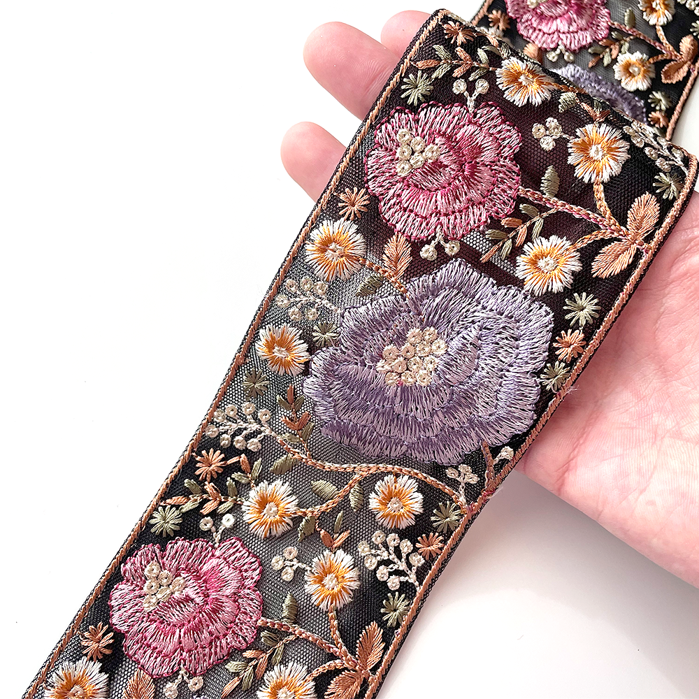 662 【 幅：7.5cm 】 インド刺繍リボン　ブラック　チュール　パープル　レッド　イエロー