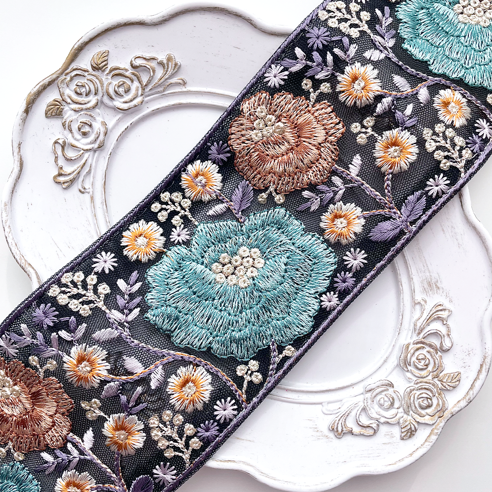 663 【 幅：7.5cm 】 インド刺繍リボン　ブラック　チュール　ターコイズ　ブラウン　ホワイト
