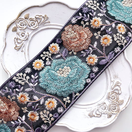 663 【 幅：7.5cm 】 インド刺繍リボン　ブラック　チュール　ターコイズ　ブラウン　ホワイト