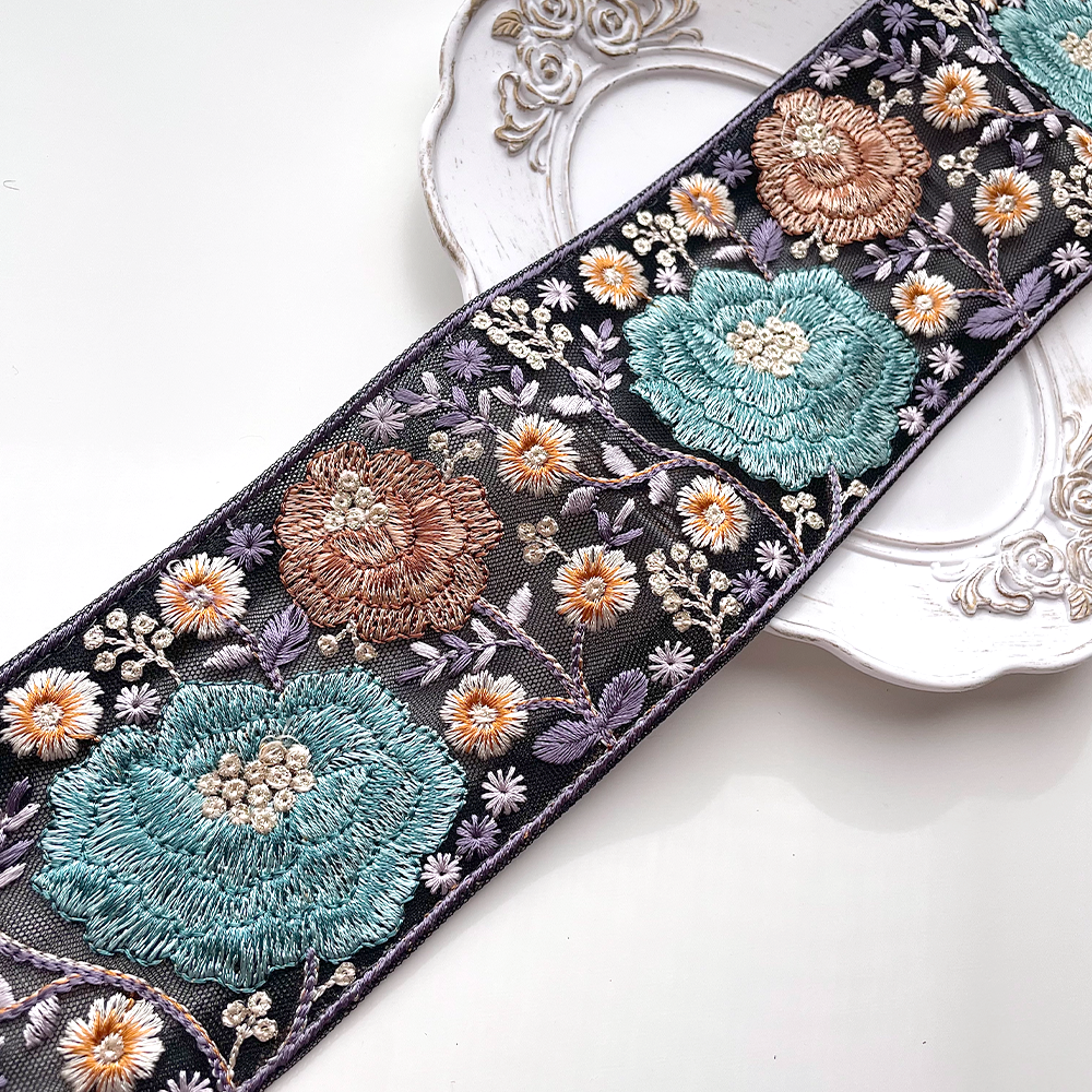 663 【 幅：7.5cm 】 インド刺繍リボン　ブラック　チュール　ターコイズ　ブラウン　ホワイト