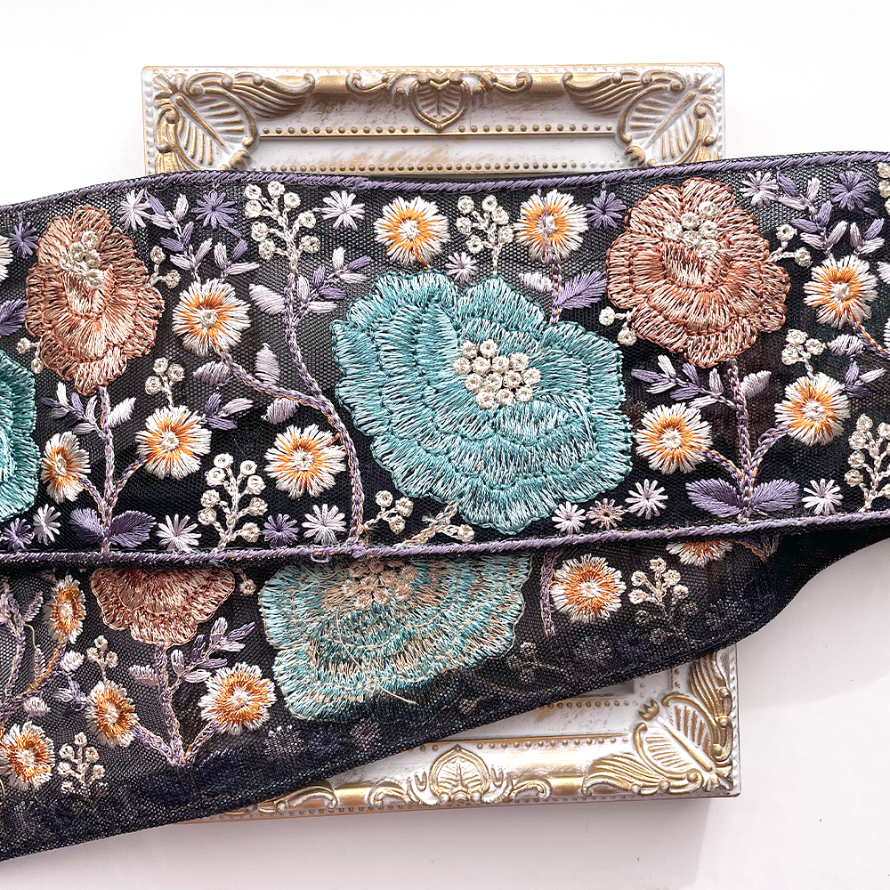 663 【 幅：7.5cm 】 インド刺繍リボン　ブラック　チュール　ターコイズ　ブラウン　ホワイト