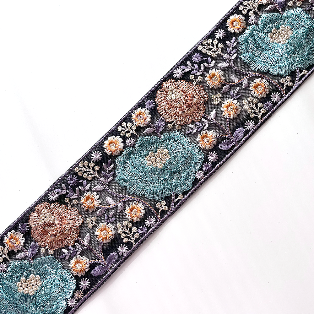 663 【 幅：7.5cm 】 インド刺繍リボン　ブラック　チュール　ターコイズ　ブラウン　ホワイト
