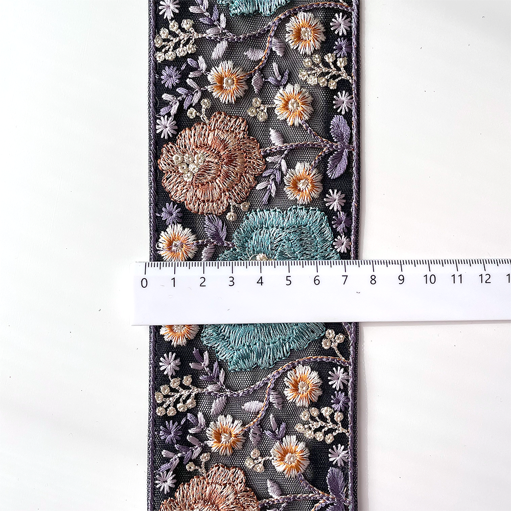663 【 幅：7.5cm 】 インド刺繍リボン　ブラック　チュール　ターコイズ　ブラウン　ホワイト