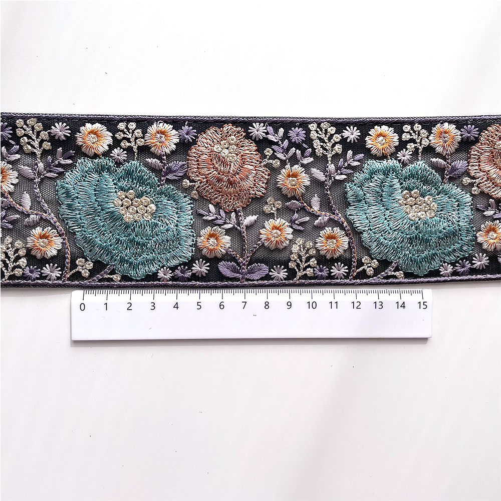 663 【 幅：7.5cm 】 インド刺繍リボン　ブラック　チュール　ターコイズ　ブラウン　ホワイト